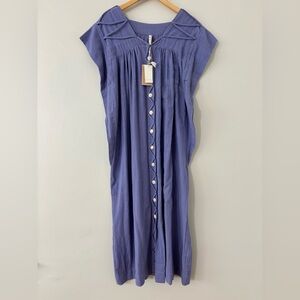 Blue Buttoned Pleated Midi Sundress
